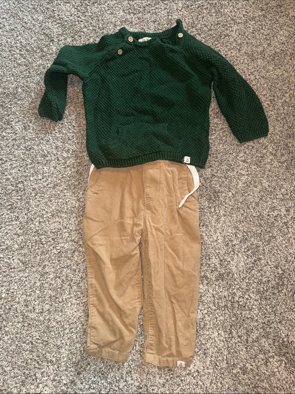 Me & Henry Dark Green Knit Sweater and Tan Corduroy Pants Set
